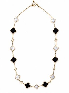 Black& White Clover Station Necklace Gold Tone 24” Length Elegant Layering Piece